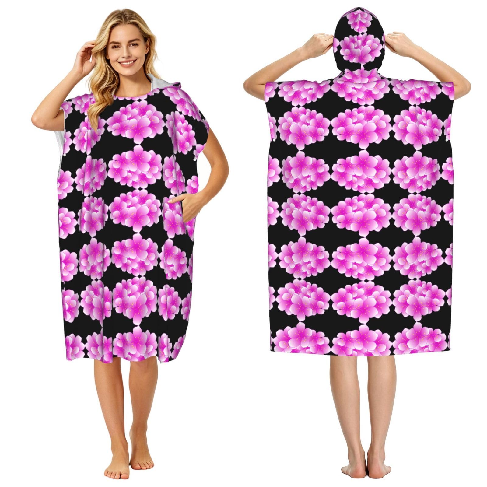 Poncho de surf doux et chaleureux imprimé floral rose pour adulte