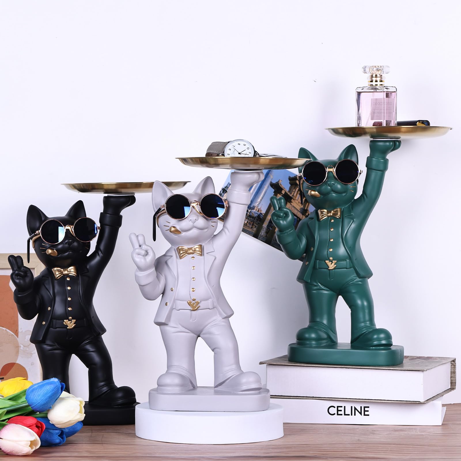 30 cm di altezza divertente scultura decorativa gatto nero con contenitore per caramelle - adorabile statua di gatto con vassoio portaoggetti per soggiorno, vassoio portachiavi per ingresso