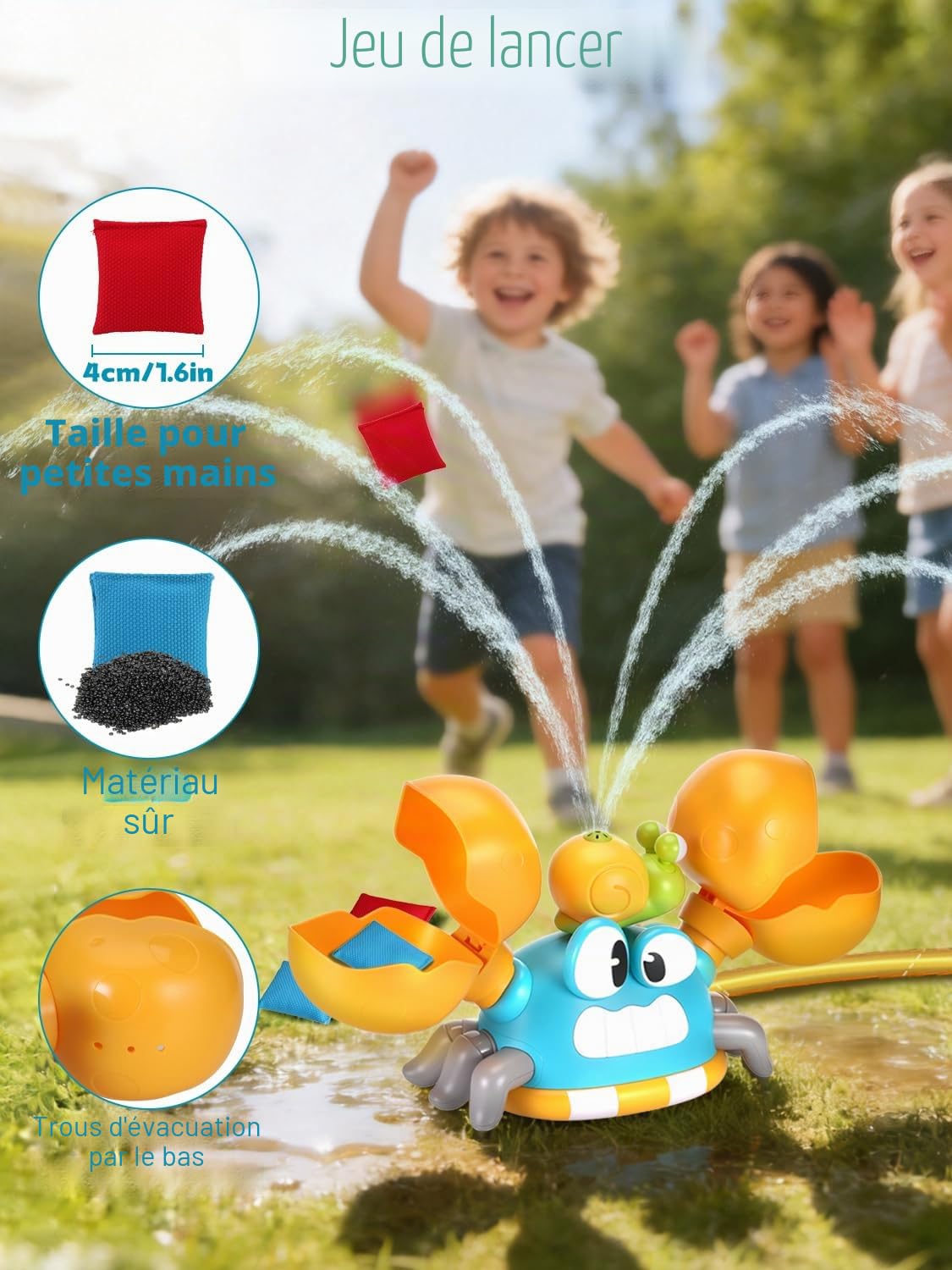 3-en-1 Jeux Exterieur Enfant 3 4 5 6 7 8 9 Ans, Jouets d'Arrosage pour Jardin Forme de Crabe avec Jeu de Lancer et de Rattrapage, Cadeau Créatifs pour Garçons et Filles, Jouet d'Été pour Enfants