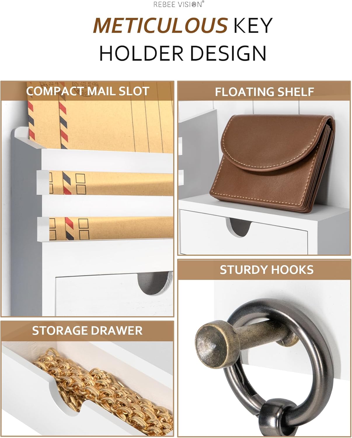 Rebee Vision Stylish Key & Mail Organizer Wall Mounted Set - Mail and Key Holder Wall Mount with Drawer and Storage Slot for Home Decor - Modern Farmhouse Apartment Essentials (White)