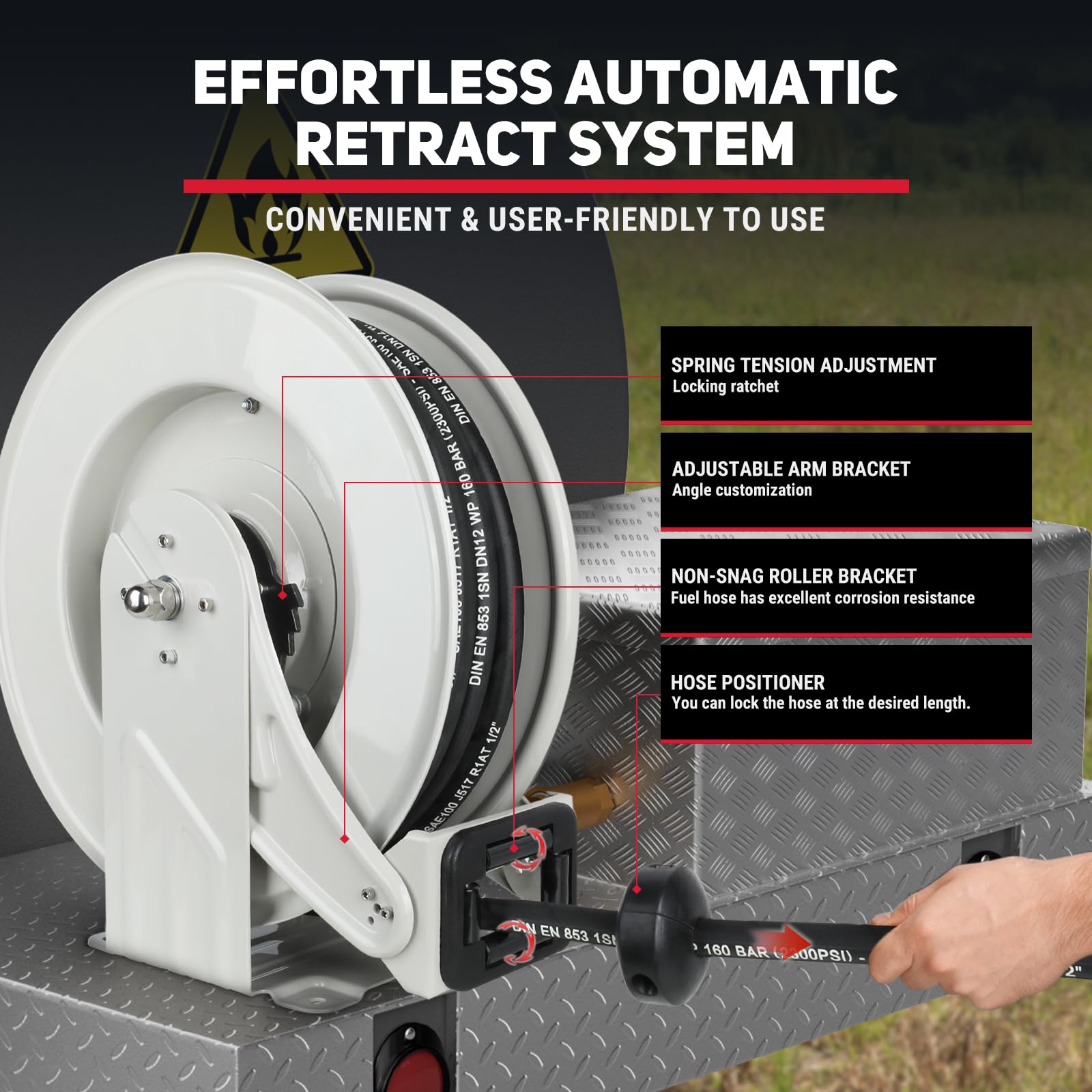 Oil Hose Reel, 1/2 inch x 50 ft Retractable Fuel Hose Reel, Max 2300 PSI Premium SAE100R1AT Commercial Hose, Auto Swivel Rewind & Dual Support Arm Heavy Duty Industrial Carbon Steel for Machine Oil