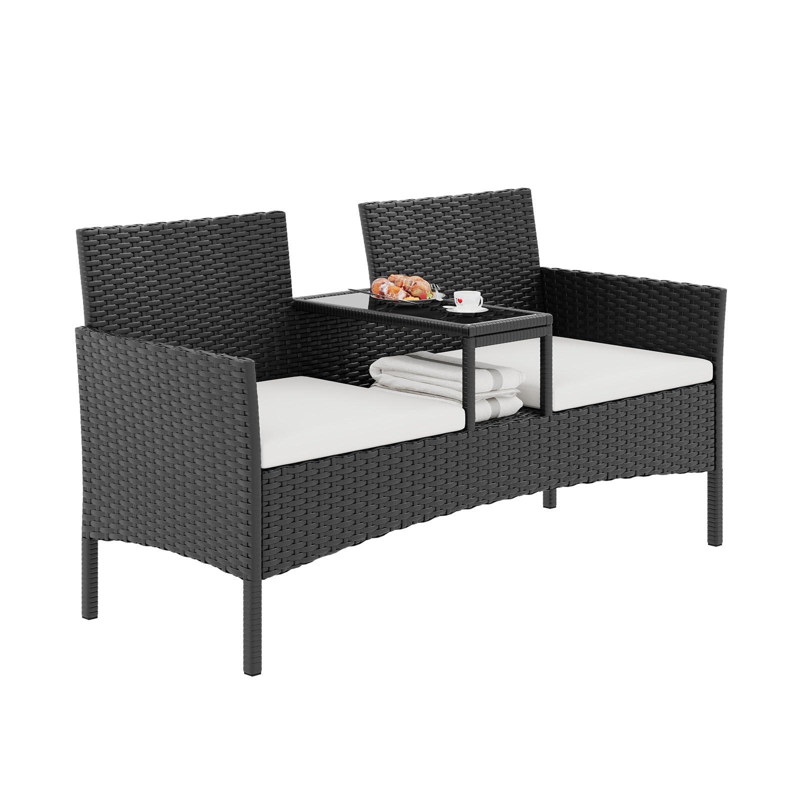 Aoxun Rattan Garden Chair 2 Seater Loveseat, Outdoor Patio Chair Set with Storage Table and Waterproof Cover, Space-Saving Seating for Small Gardens Balcony Deck (White)