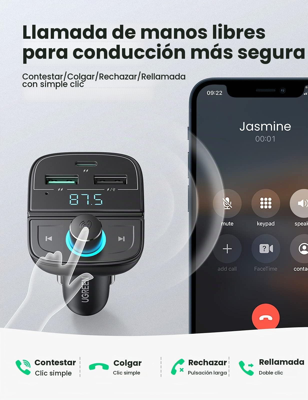 UGREEN Transmisor FM Bluetooth 5.0 Adaptador Bluetooth FM Cargador de Coche PD 20W y Quick Charge 3.0, Adaptador de Radio Inalámbrico Reproductor MP3 con LED LUZ Soporta Tarjeta TF y USB Disk