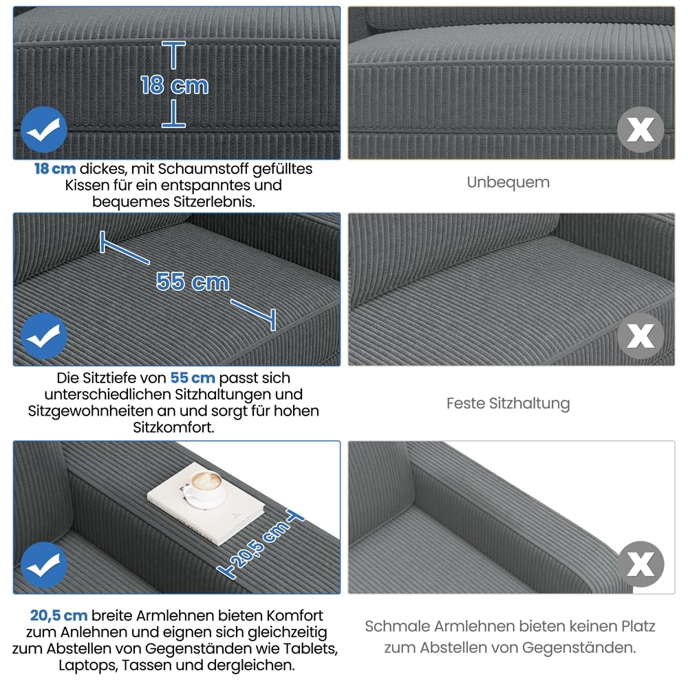 Yaheetech Sofa 212 x 83,5 cm Polstersofa aus Cordstoff mit Abnehmbare Kissen und Rückenlehnen Couch mit Breite Armlehnen für Wohnzimmer/Schlafzimmer Dunkelgrau