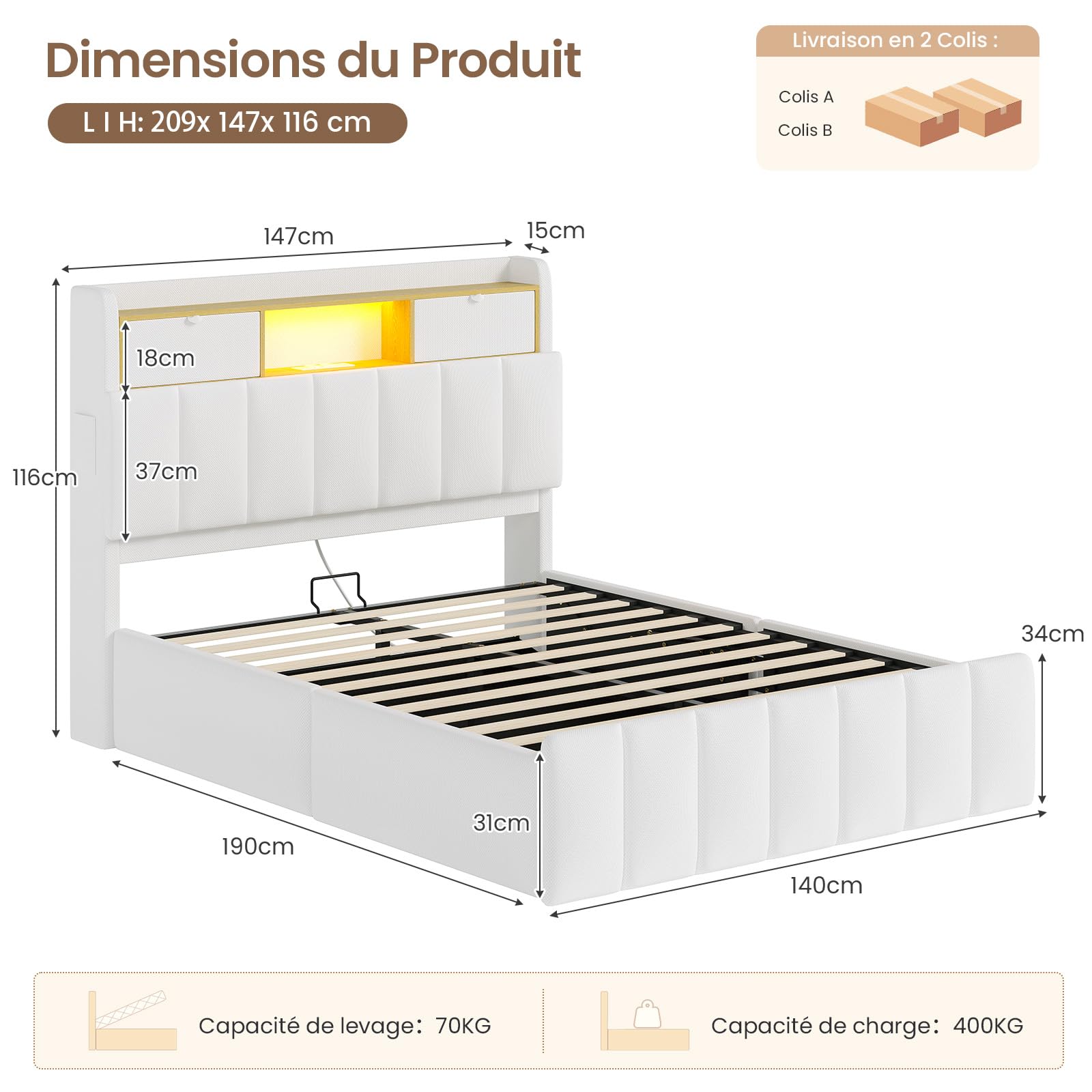 DICTAC Lit Coffre 140x190 Blanc avec Rangement – Lit Double à Levage Hydraulique, Éclairage LED, Prises USB/Type-C, Tête de lit Rembourrée avec Rangements – Sommier Inclus – pour Ado et Adulte, Blanc