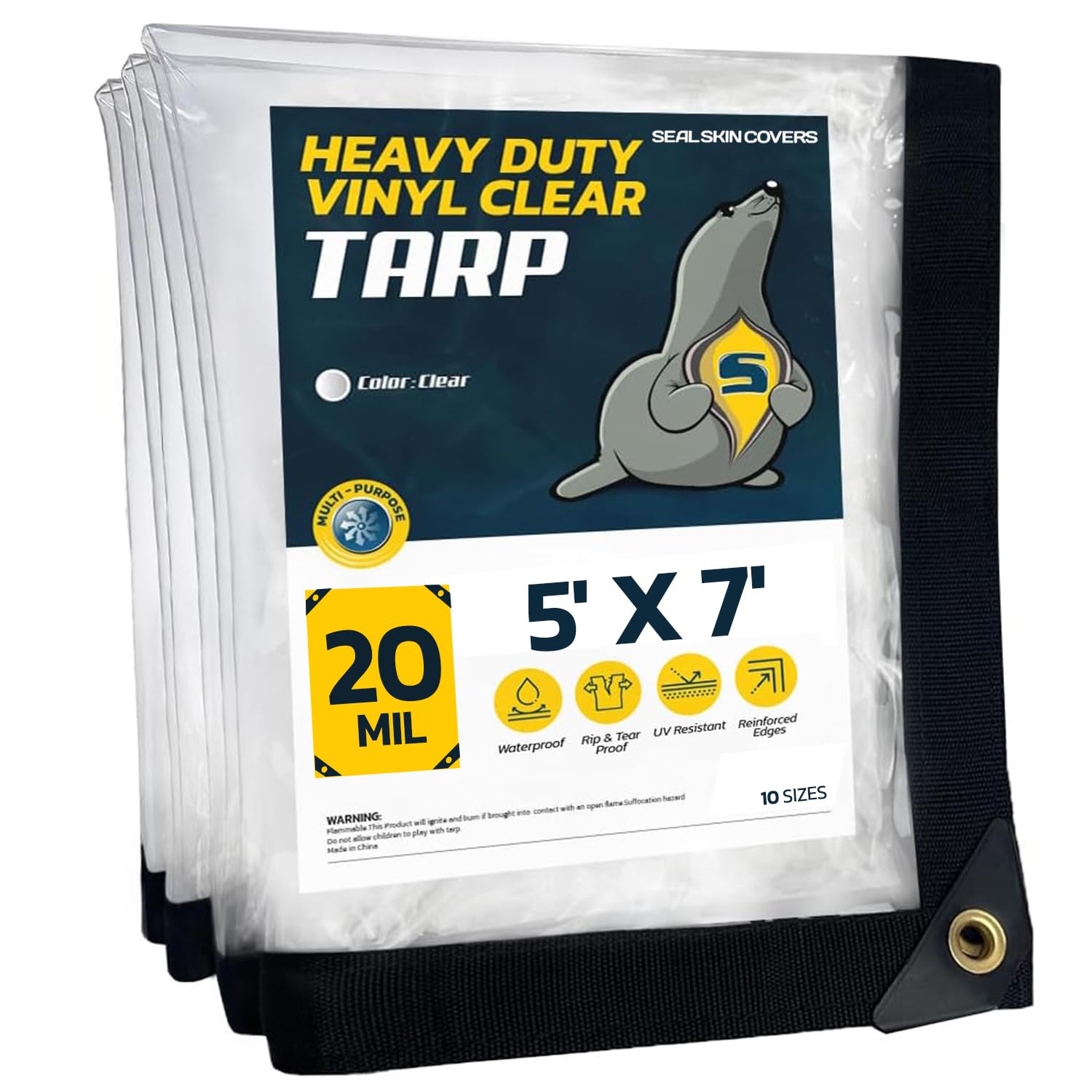 5' X 7' Clear Tarps 20 mil Heavy Duty Waterproof Transparent Tarp with Grommets, Multipurpose 18 oz, 560 GSM Thick and Tear-Resistant Tarpaulin