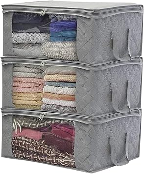 Non-Woven Storage Bag, Large Capacity Clothes Storage Bag Foldable Large Capacity Storage Bin with Clear Window Sturdy Zipper Reinforced Handle for Comforters, Blankets, Bedding Gray