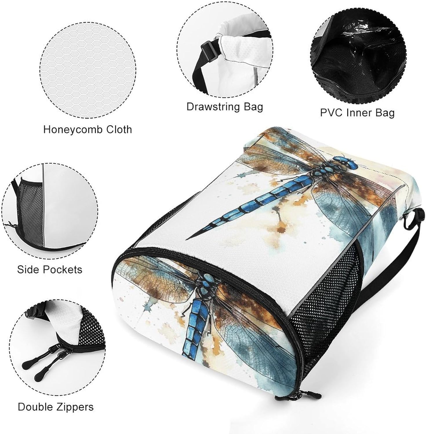 Fitness Drawstring Backpack Waterproof Gym Bag Watercolour Dragonfly Lightweight Dry And Wet Separation Swim Bag