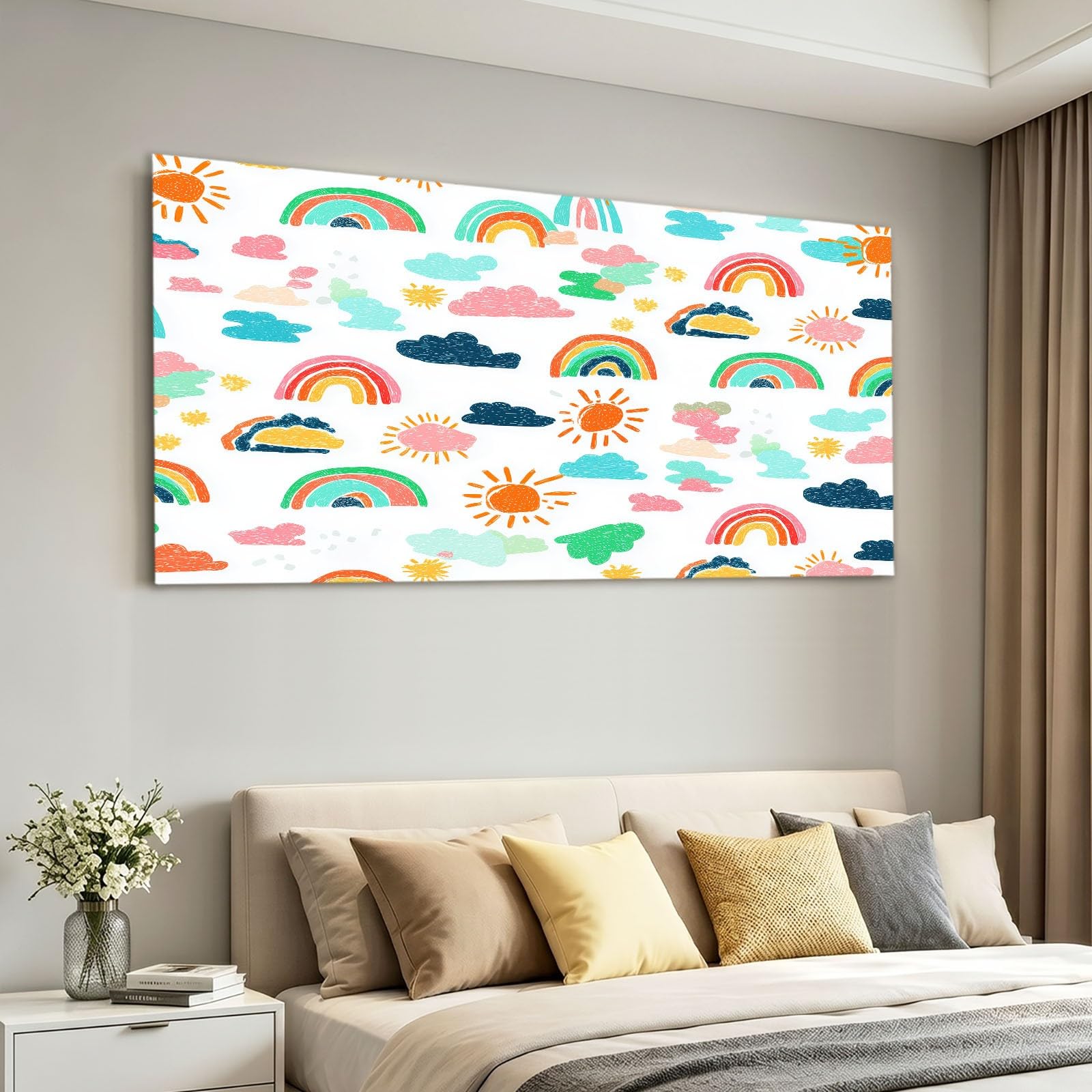 Genérico Impresión sobre lienzo de dibujos animados Cuadro Decoración de pared, Pintura 120 x 80 cm, blanco arco iris sol nubes – Carteles Art para sala de estar, dormitorio, cocina, oficina