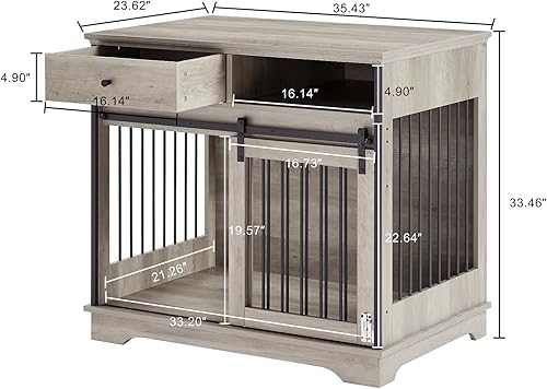 Miniatura 6 de IchbinGo Muebles de jaula para perros con puerta corrediza de granero, mesa auxiliar de madera de 35 pulgadas con cajón y almacenamiento, casa