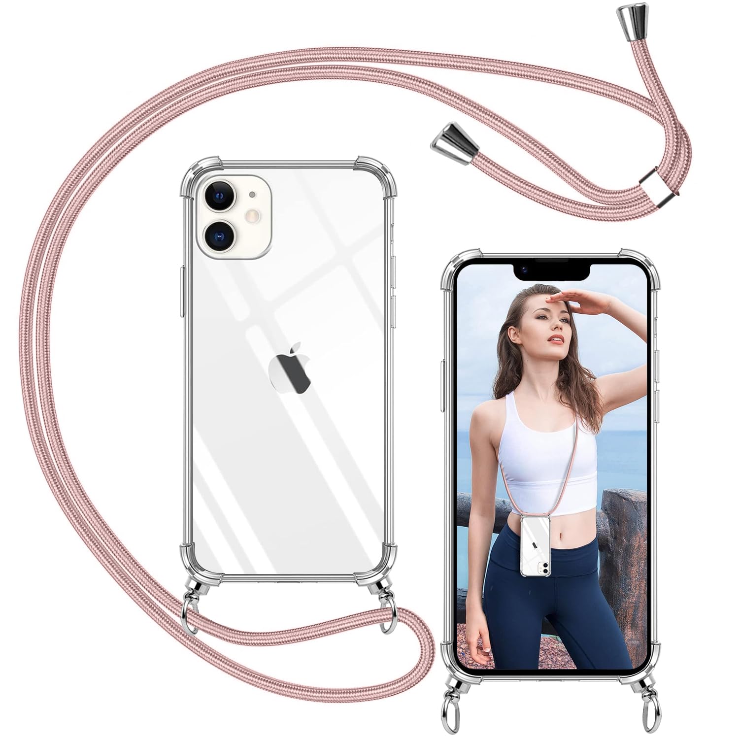 Funda IPhone 15 Con Cuerda Ajustable ISOI - Transparente Rosa, TPU Suave, Protección Antigolpes