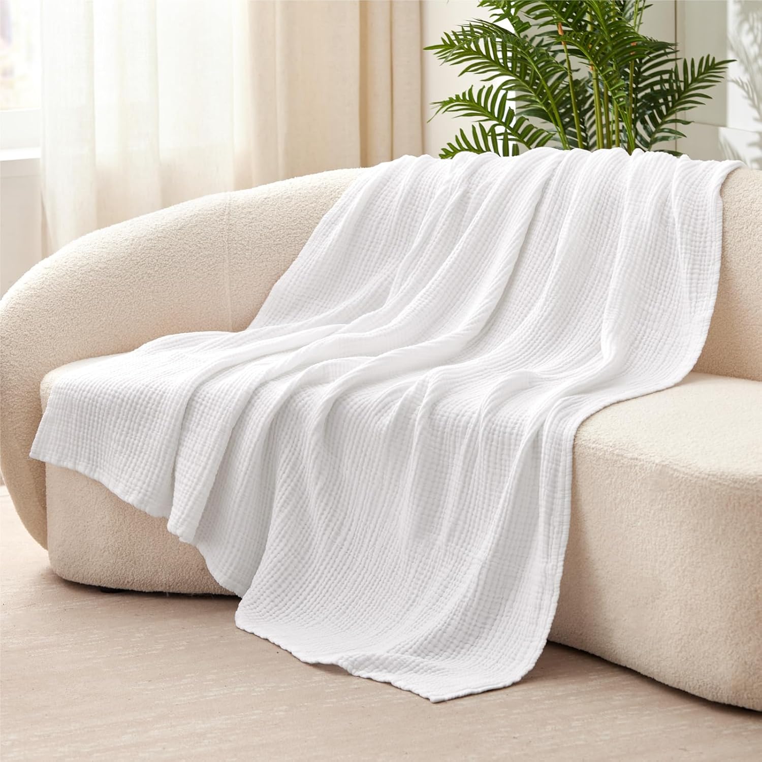100% Cotton Muslin Blanket Large 50" x 70", 6 Layers Breathable and Lightweight Cotton Blankets for Bed and Couch, Quilt Bedspread, Gauze Throw for Adults, White - Image 7