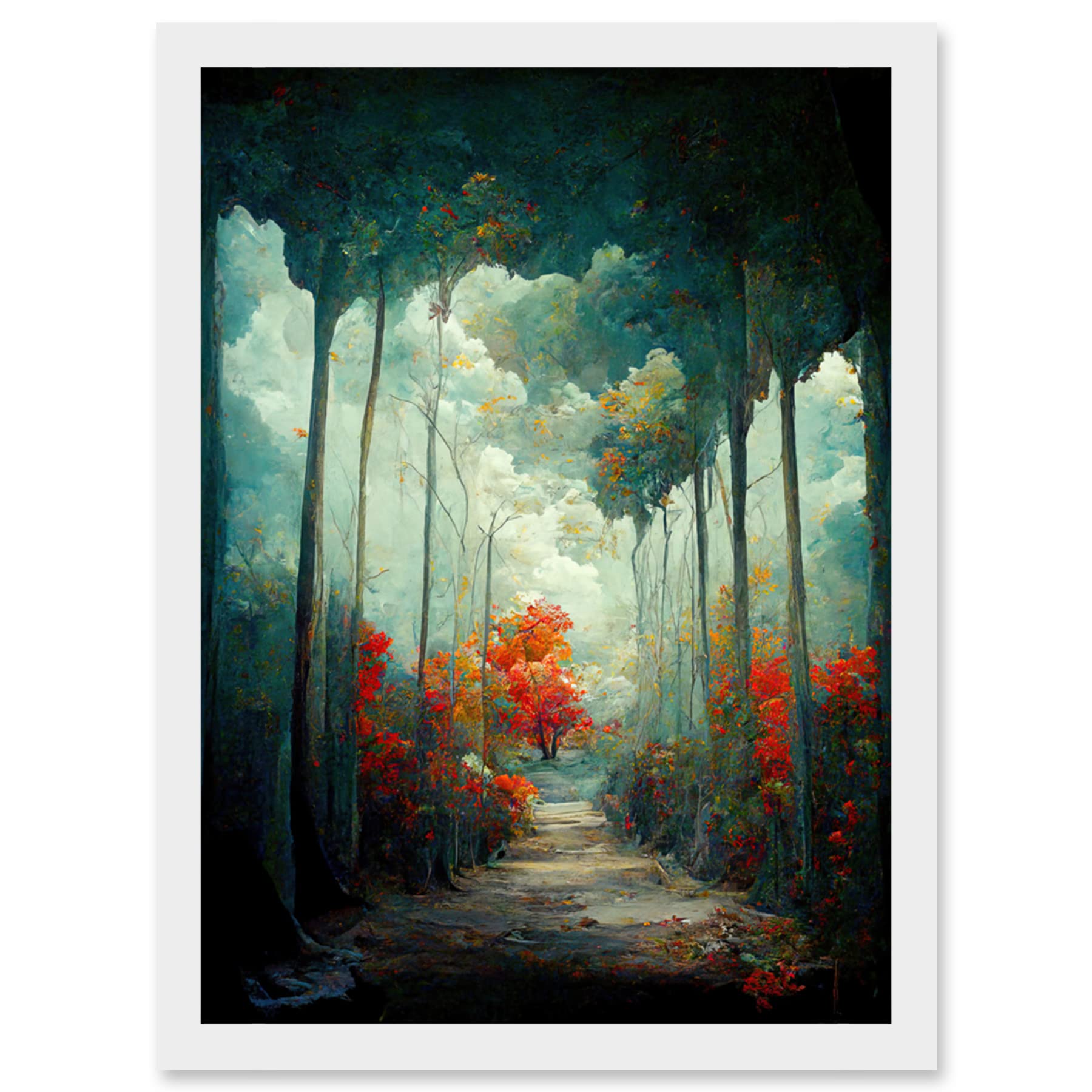 Doppelganger33 LTD Autumn Forest Path Landscape Scene Painting Artwork Framed Wall Art Print A4