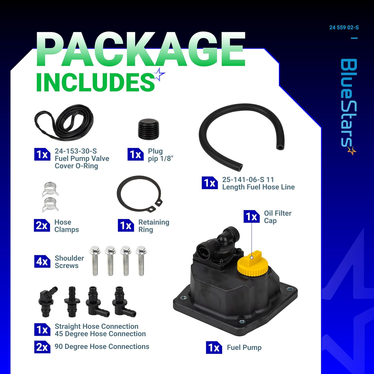 BlueStars 24 559 02-S Fuel Pump Kit - For Kohler CH18 CH19 CH20 CH21 CH22 CH23 CH24 CH25 CH640 CH670 CH680 CH682 CH730 CH740 CH742 CH752 CH750 ECH630 ECH650 ECH680 ECH749 ECH730 Engine # 24 559 10 S