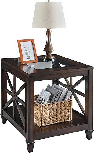 Miniatura 8 de MODERION Mesa auxiliar grande para sala de estar, sofá de granja con vidrio templado, estante de almacenamiento de teléfono de madera maciza, mesita