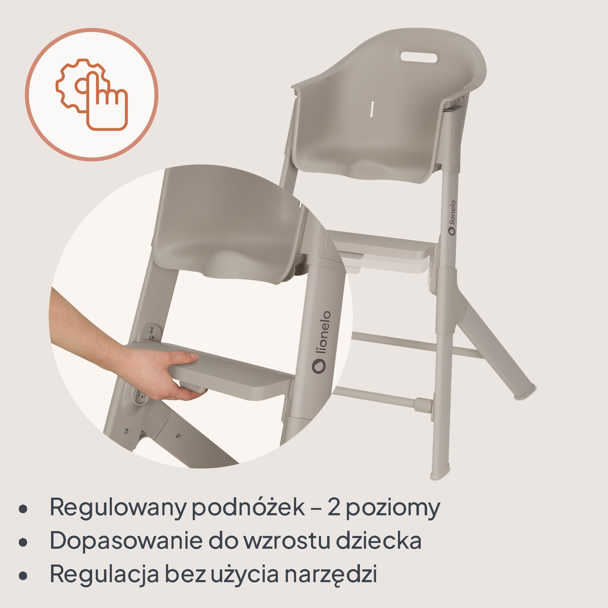 Lionelo BENY krzesełko dla dziecka 6 miesięcy - 3 lata przesuwna taca 2 pozycje, krzesełko ewolucyjne z podnóżkiem regulowanym jedną ręką, pasy 3-punktowe, łatwe do czyszczenia, zmywalna poduszka