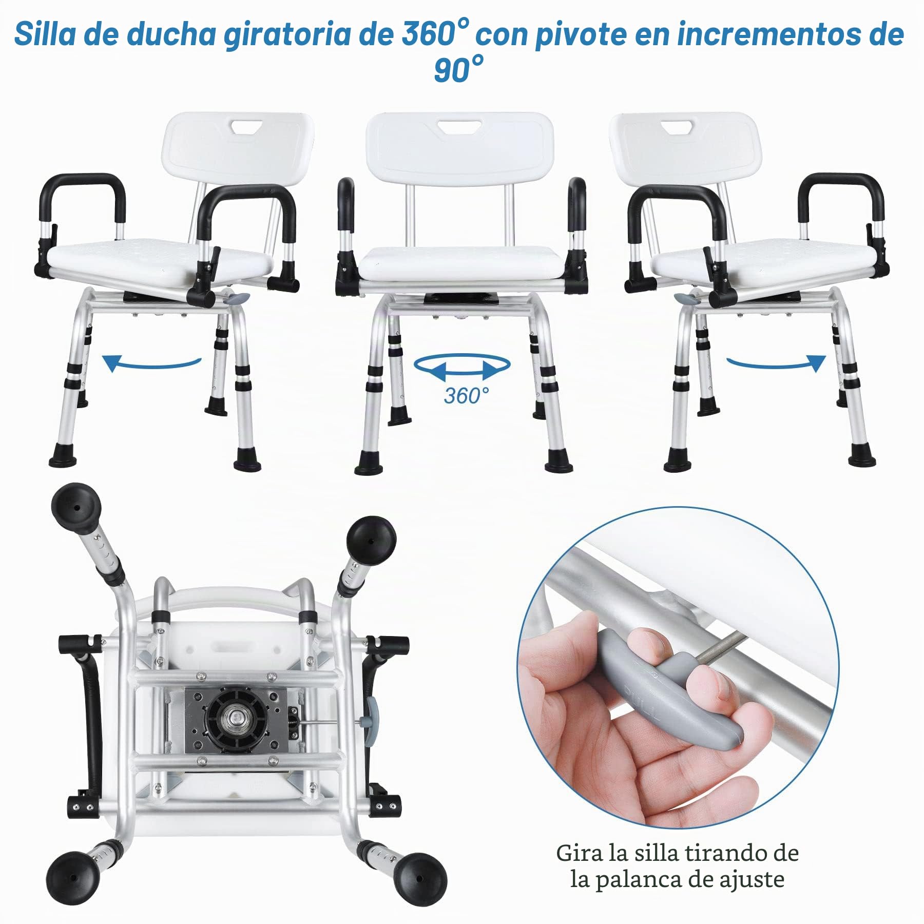 NArra 360° Taburete de Ducha Giratorio, Silla de Ducha Ajustable con Respaldo y Apoyabrazos, Silla de Baño para Embarazadas, Ancianos, Discapacitados, Carga hasta 180kg