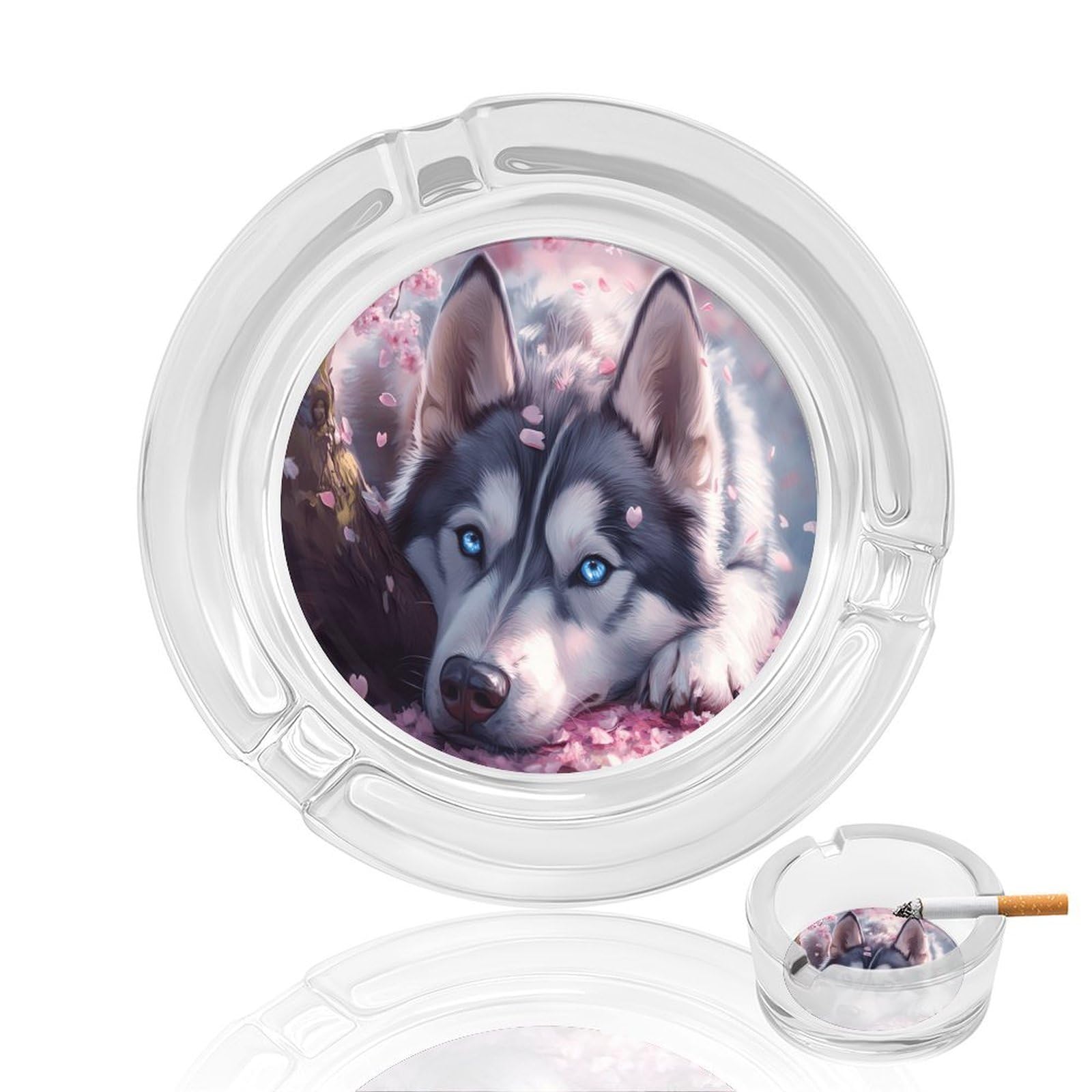 Cute Dog Husky Ashtray Portable Round Glass Outdoor Ash Tray for Home Office Garden Pub