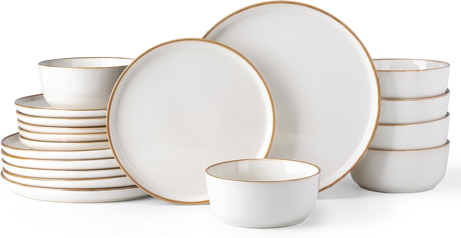 GBHOME Ceramic Dinnerware Sets for 6, 18 Pieces Stoneware Plates and Bowls Sets, Scratch Resistant Dishes, Dishwasher & Microwave Safe, Reactive Glaze-White Pearl White Service for 6(18Pcs)