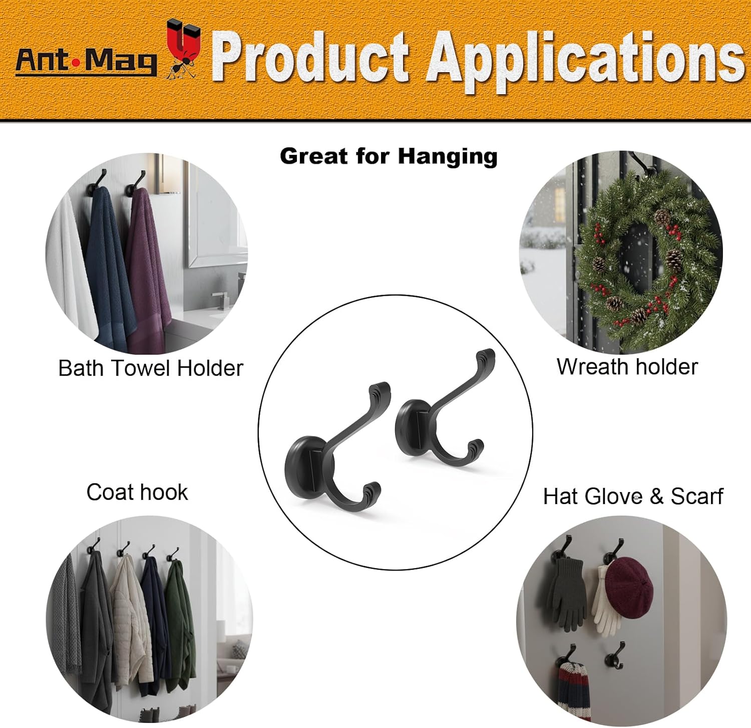 Ant Mag Magnetic Hooks Heavy Duty 140lbs Neodymium Magnet Wall Hooks for Hanging Coats Robes Backpacks Bags Hats Keys Mugs Cups Towels
