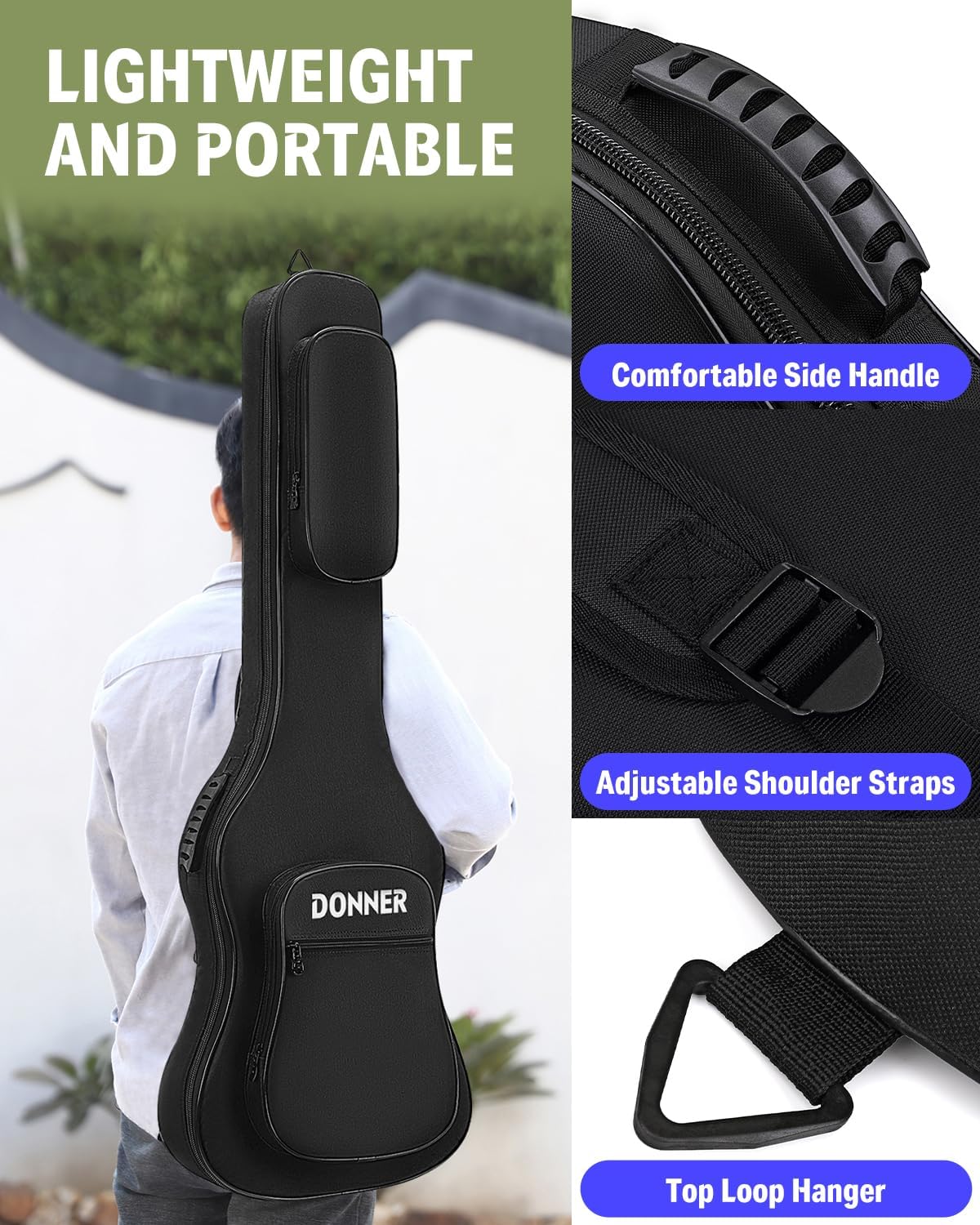Donner 47 Inch Electric Bass Guitar Case, 0.4 Inch Thick Padding Sponge 600D Ripstop Waterproof Nylon Soft Electric Bass Guitar Gig Bag with 3 Pockets and Back Hanger Loop, Black