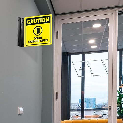 Miniatura 2 de Caution Doors Swings - Letrero de proyección abierto, doble cara, 6 x 6 pulgadas, ACM, con accesorio negro satinado, fabricado en Estados Unidos
