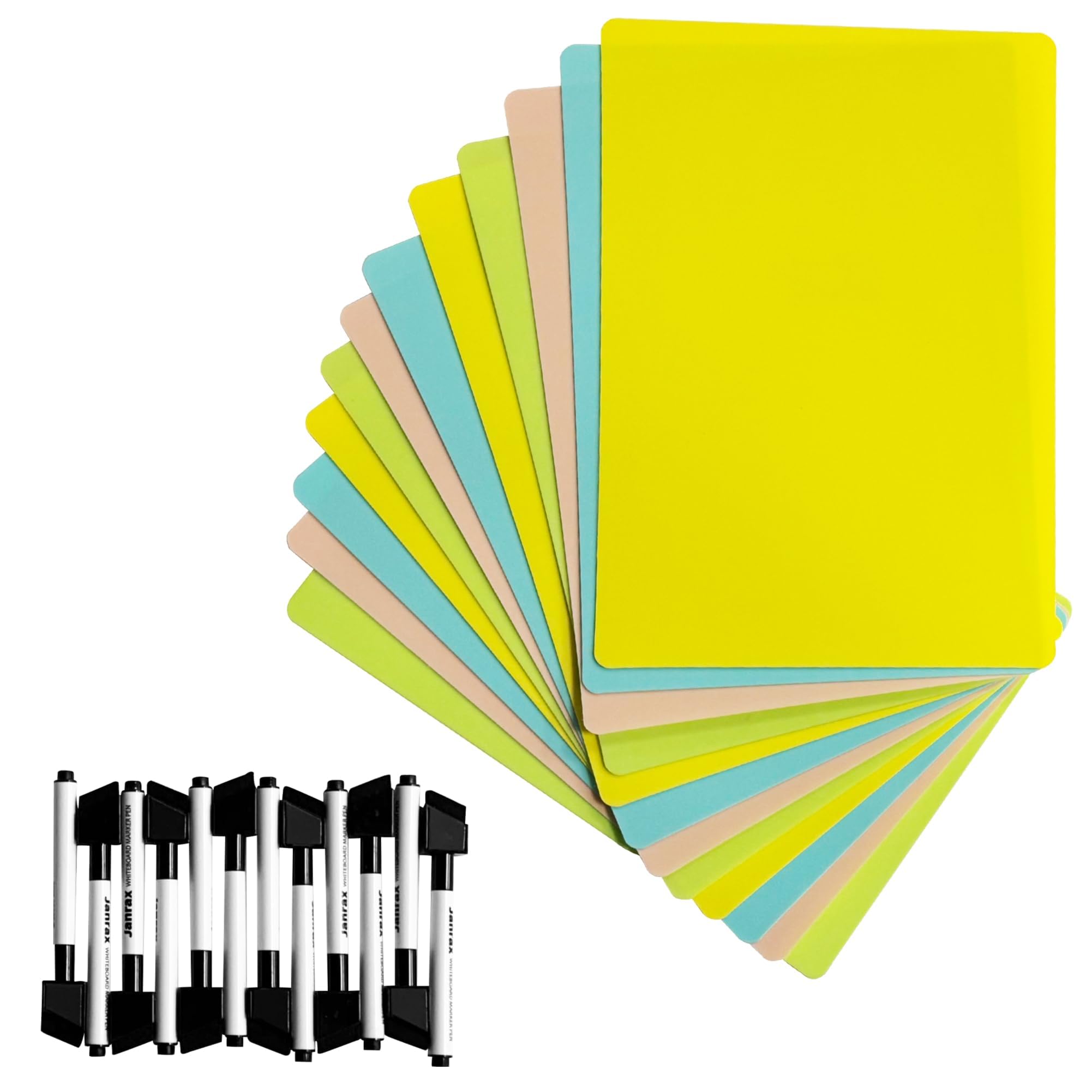 Janrax Pack of 12 A4 Assorted Coloured Whiteboards with 12 White Board Marker Pens - Reusable Dry Erase Writing Boards for School, Classroom, Home Learning, Office Training & Kids Activities โ image 1