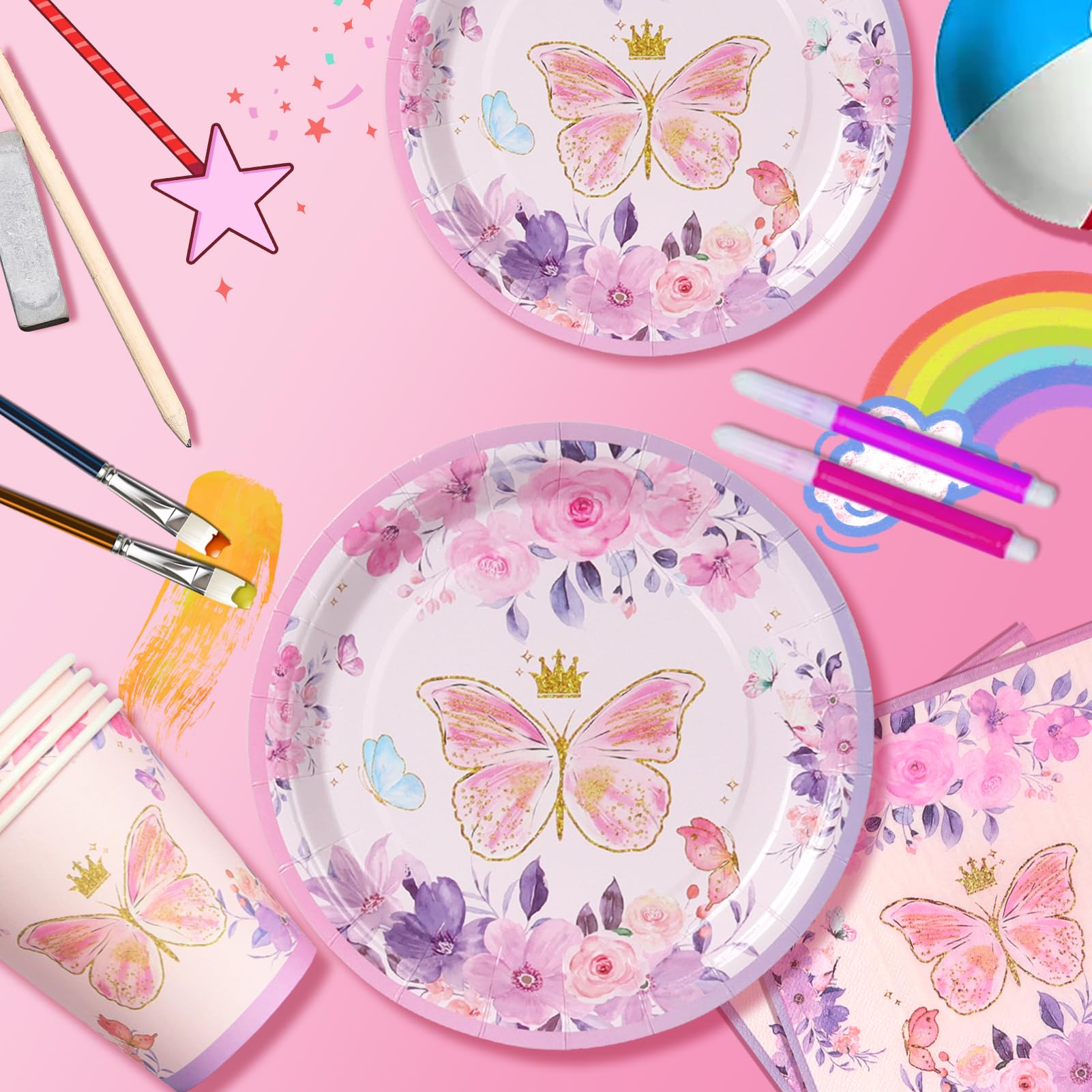 Set 52 pezzi tema farfalle lavanda Piatti, bicchieri e tovaglioli per decorazione compleanno magica con motivi floreali, per 16 ospiti