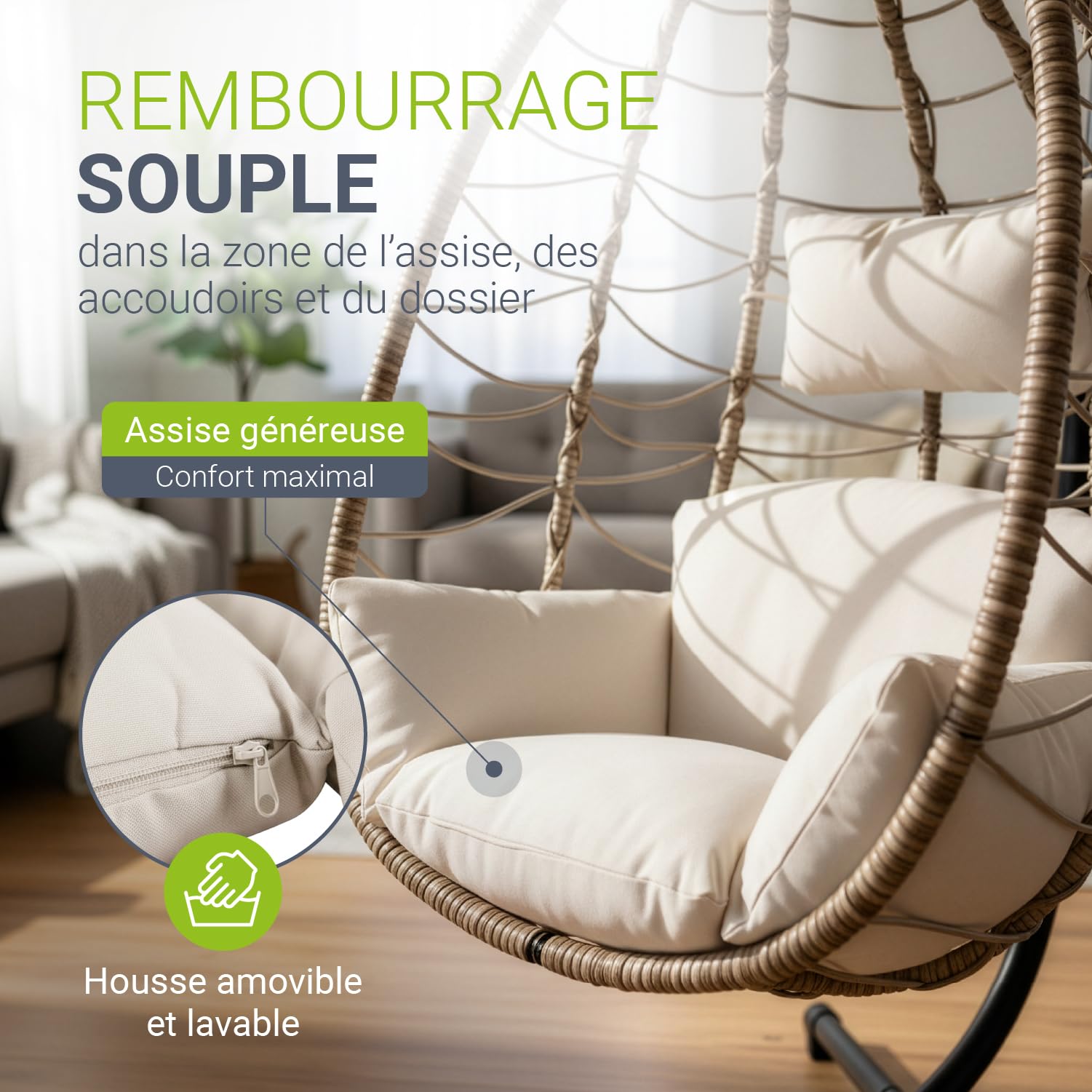 Juskys Fauteuil Suspendu Aria avec Coussin - réglable en Hauteur et Pliable - Balancelle en rotin synthétique pour l'extérieur et l'intérieur - Siège en Osier Beige jusqu'à 130 kg