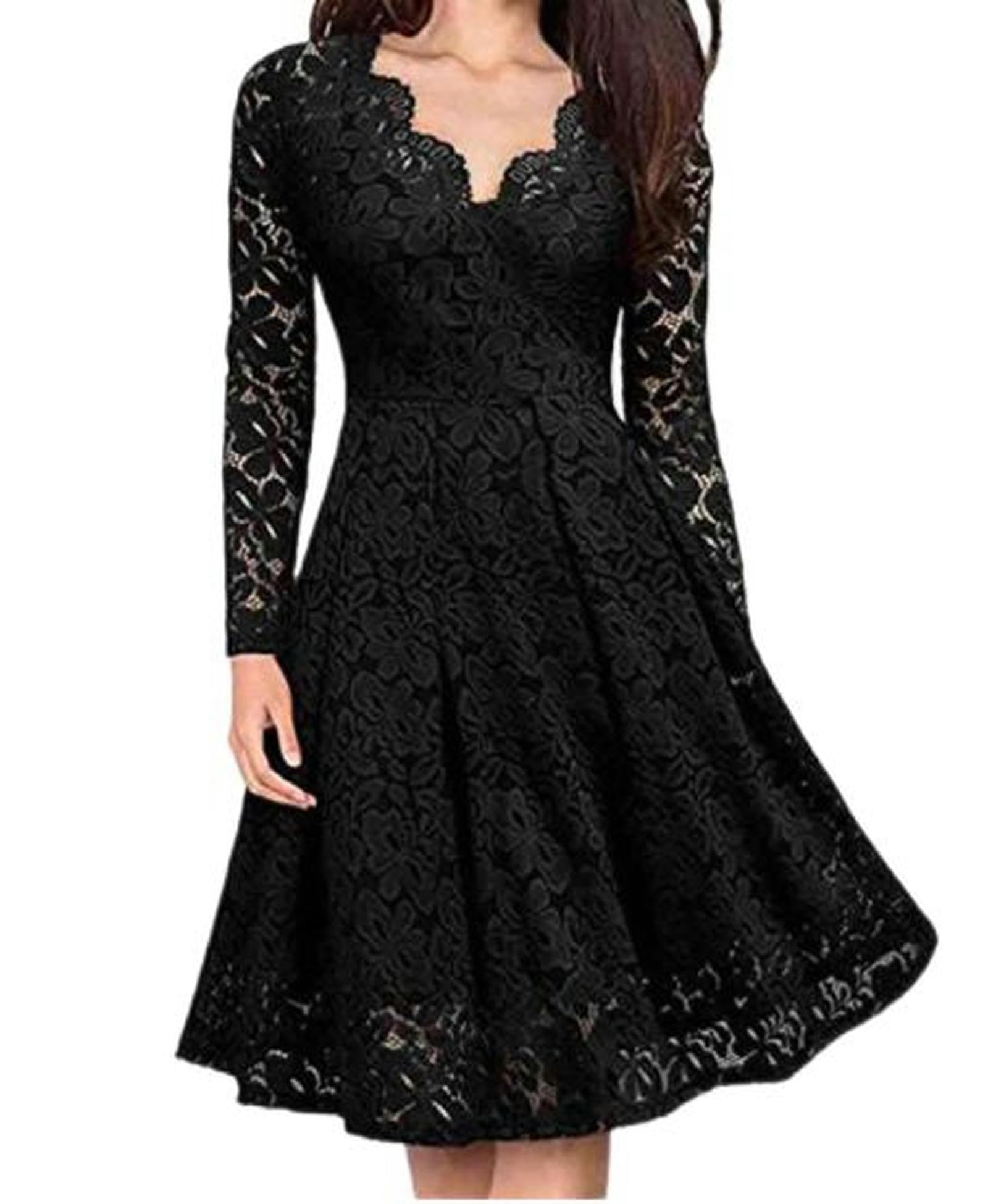 WEITING Schlankes und Elegantes, langärmeliges Party-Cocktail-Partykleid aus Spitze mit V-Ausschnitt für Damen – Grün – L