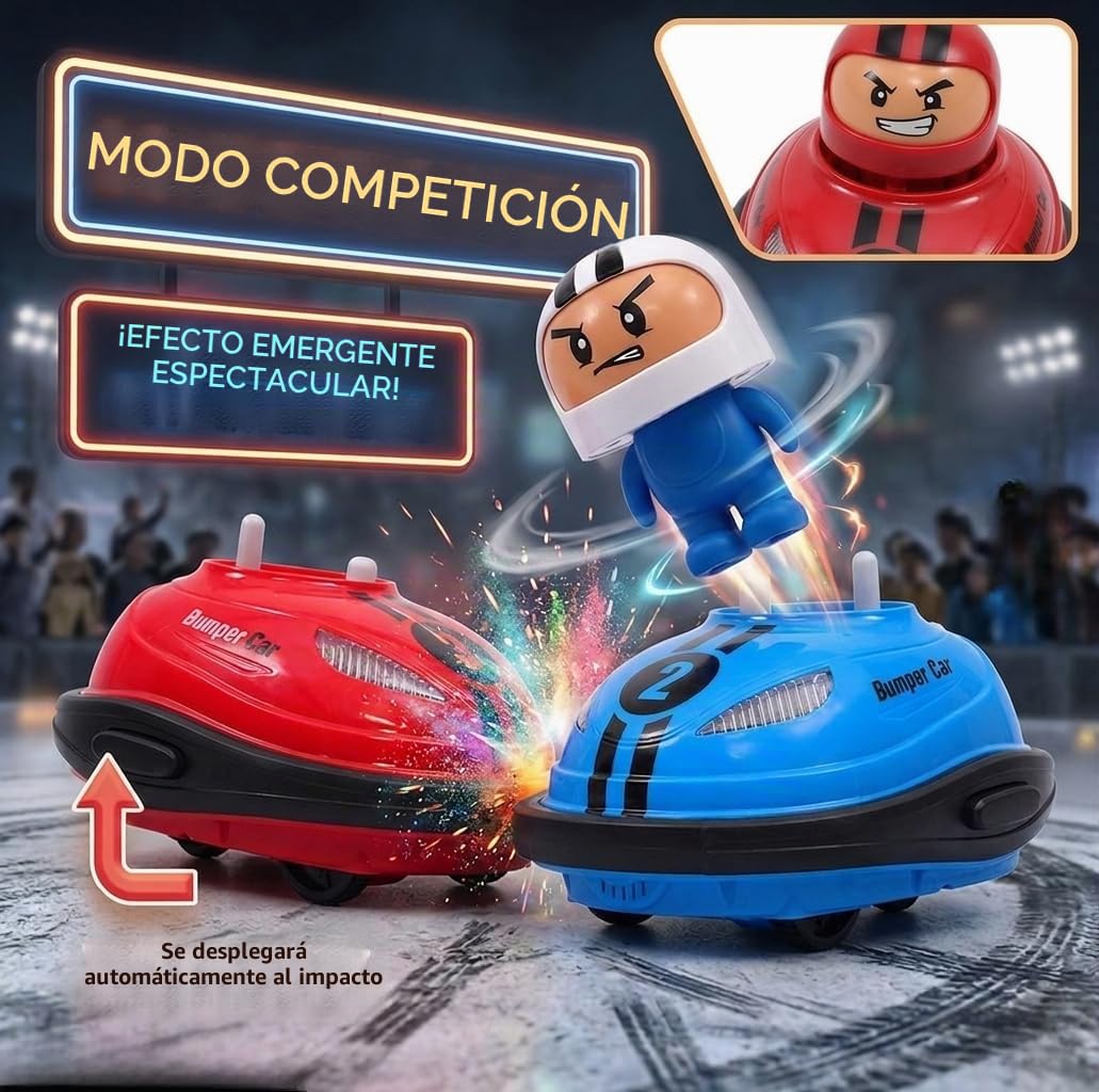 Coche de Choque RC Multifuncional. Coche teledirigido con Robots saltarines.. Incluye 2 Super Bumper Car RC 360º con Luces LED y música. 2 Jugadores. Color Azul y Rojo. Stunt RC Car