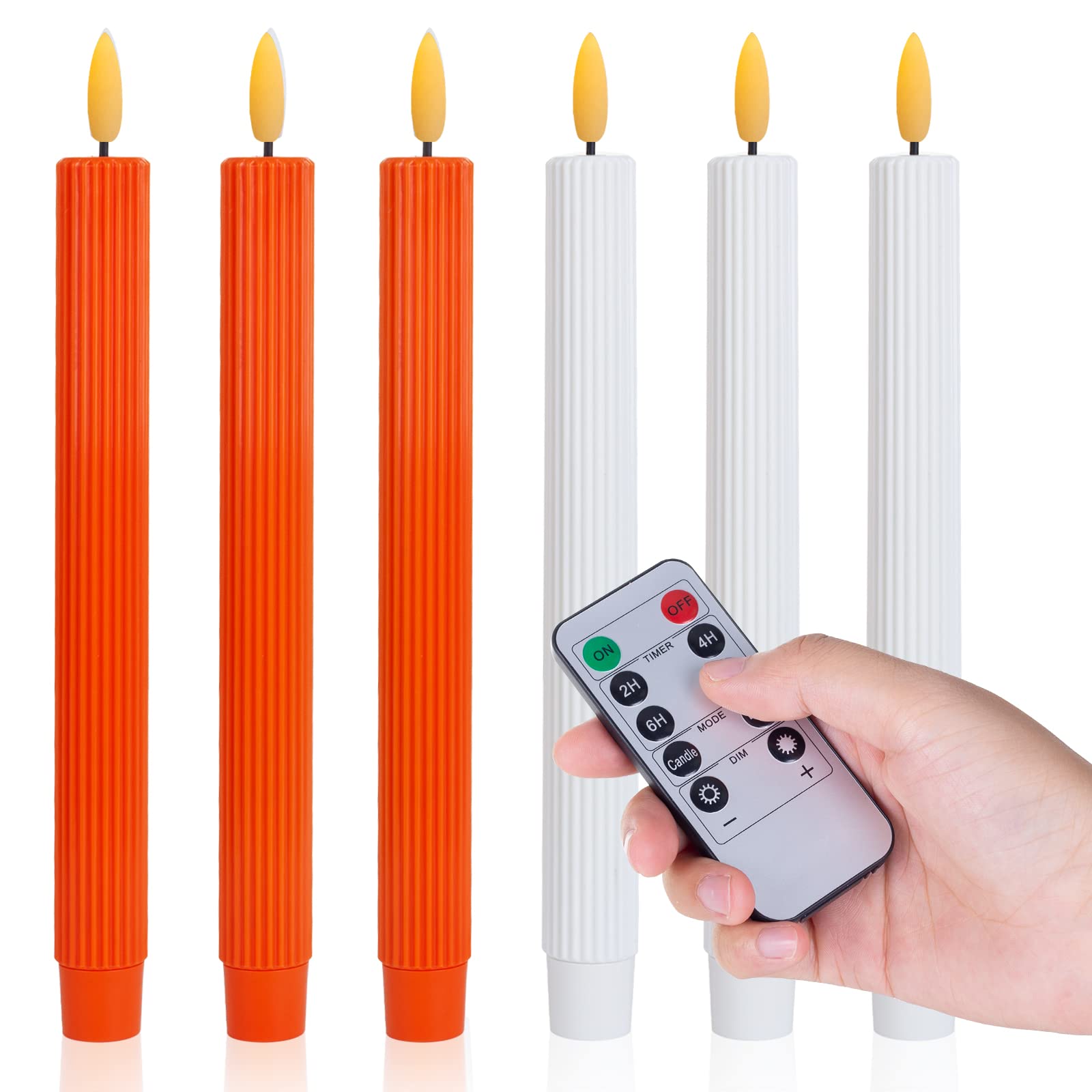 Photo 1 of BeMoment Flameless Taper Candles Flickering with Remote Timer, 9.8 Inches Real Wax Battery Operated LED Striped Candlesticks, 3D Flickering Window Candles for Christmas Wedding Party Decor 6 Pack 3 Orange Striped+3 White Striped
