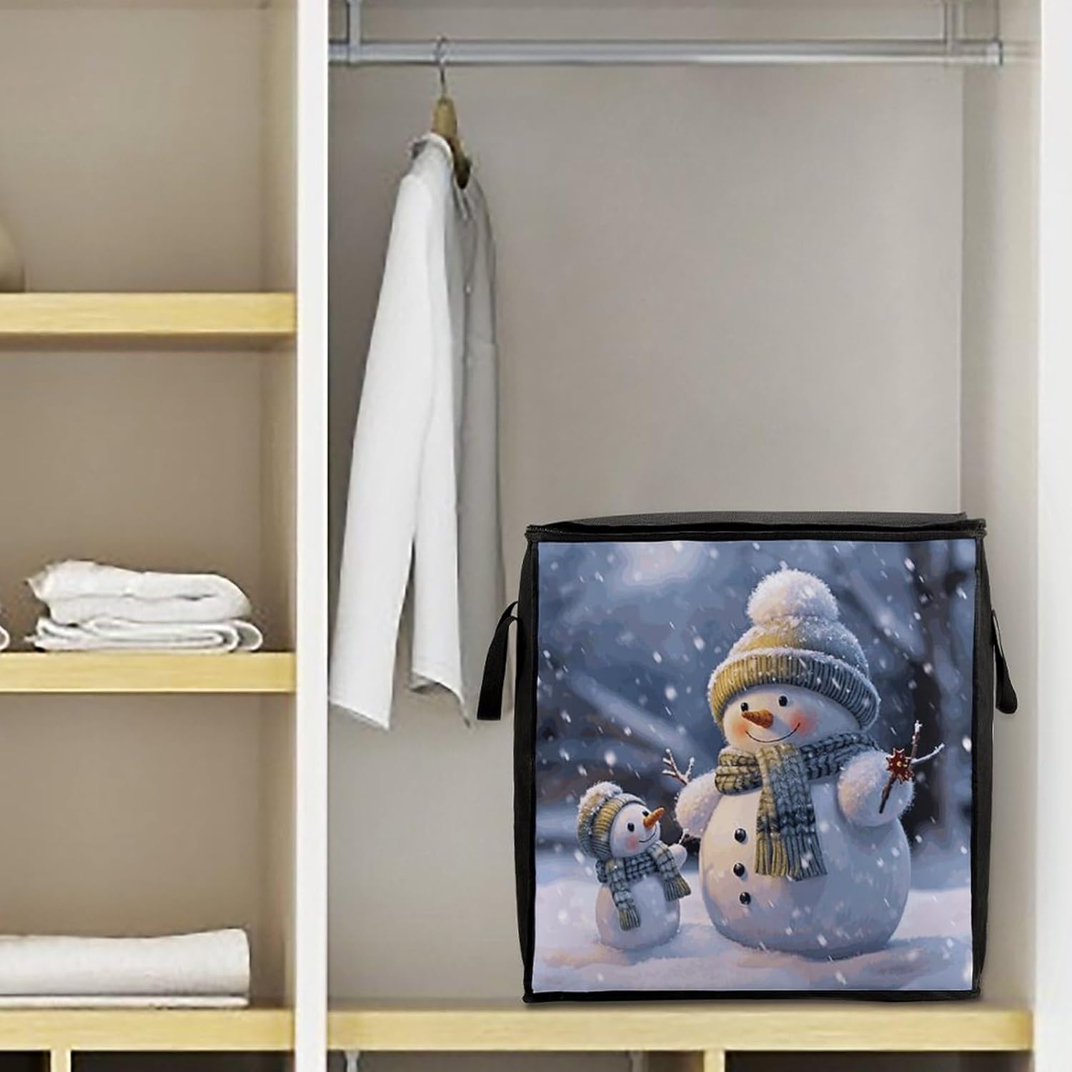 Portable Quilt Storage Bag,Winter Snowman Printed Foldable Wardrobe Storage Box Foldable Storage Bag with Lids And Handle Large Clothing Storage Bag for Comforters Clothes Blankets Pillows
