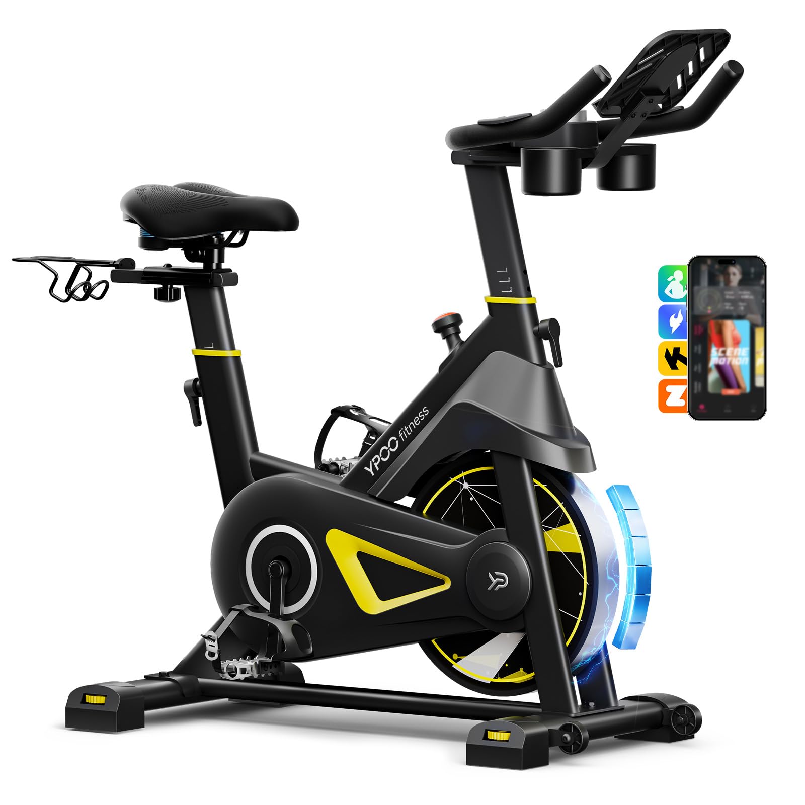 YPOO Bicicleta Estática de Apartamento con Resistencia Magnética Reforzada, Bicicleta de Fitness Silenciosa con Pantalla LED, Asiento Ajustable Cómodo, App Exclusiva, Capacidad de 160KG
