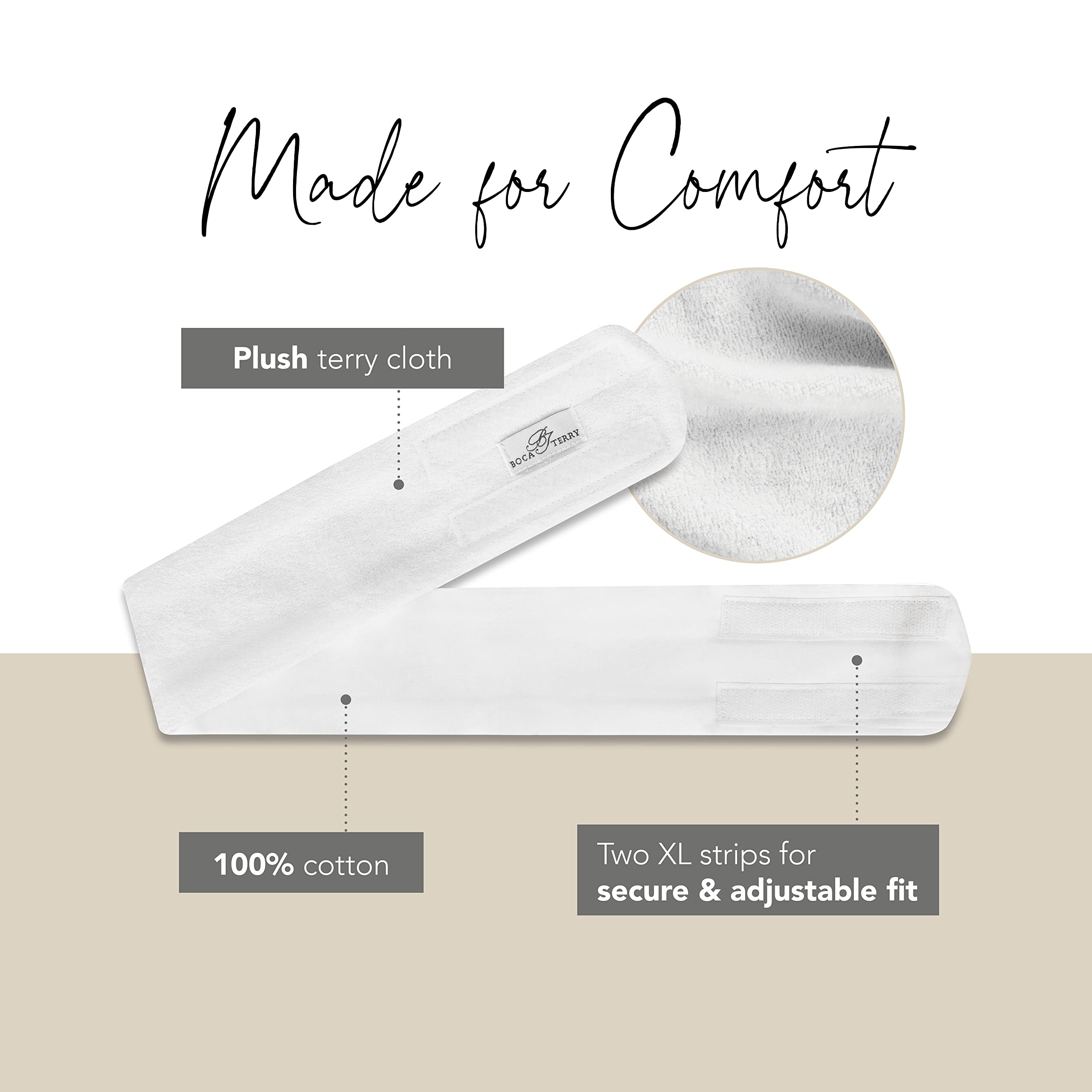 Boca Terry - Fascia per capelli da donna, per lavare il viso, in spugna di cotone, per trattamenti viso, cosmetici e cura della pelle, confezione da 3, colore: bianco