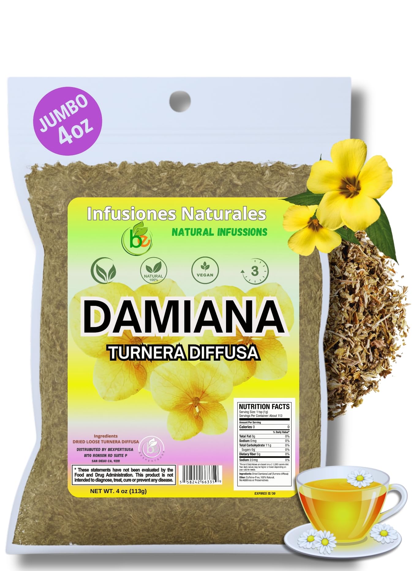 Damiana Leaf Tea (Turnera diffusa)  4 oz Loose Herbal Te  Authentic Mexican Origin  100% Natural, Non-GMO, Caffeine-Free, Gluten-Free, Vegan  Herbal Infusion by Bexpertsusa