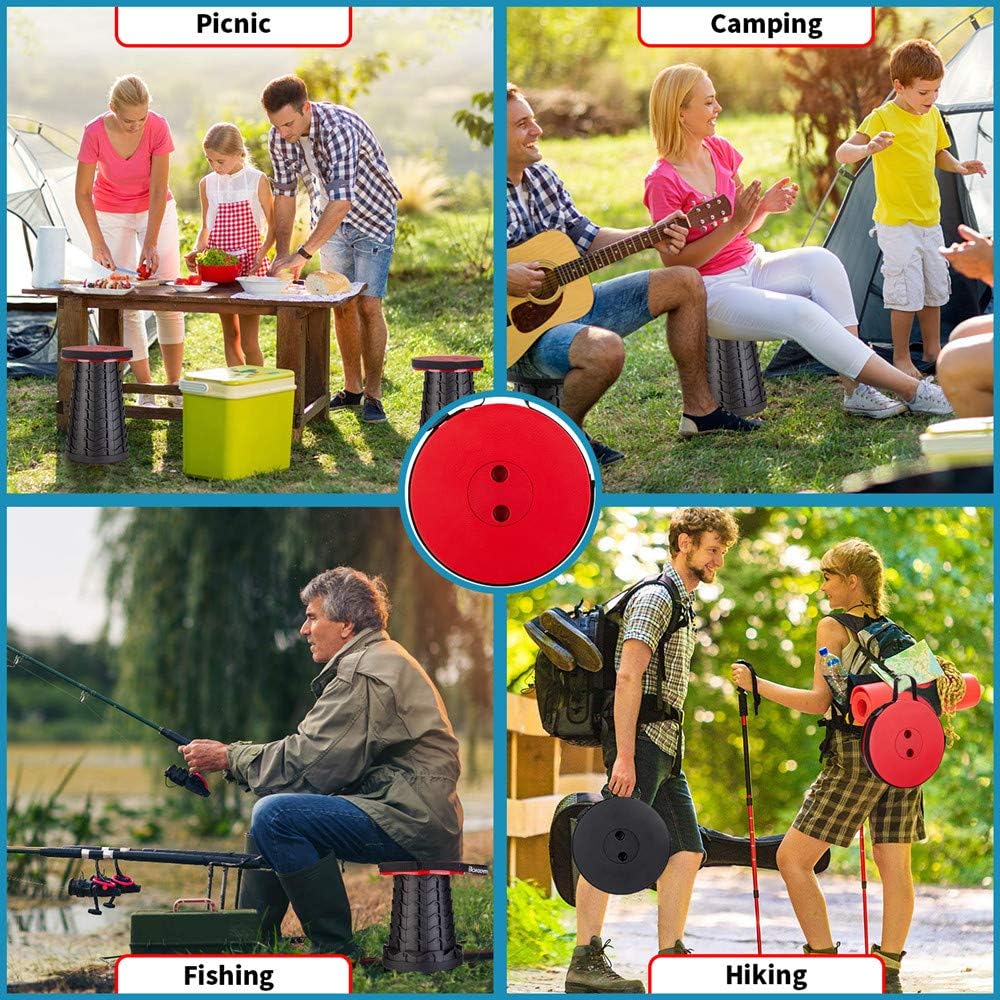 Boreeman Upgraded Folding Stool with Cushion Lightweight Yet More Sturdy with Load Capacity 400lbs Portable Collapsible Stool Retractable Stool for Camping Fishing Hiking BBQ (Red)