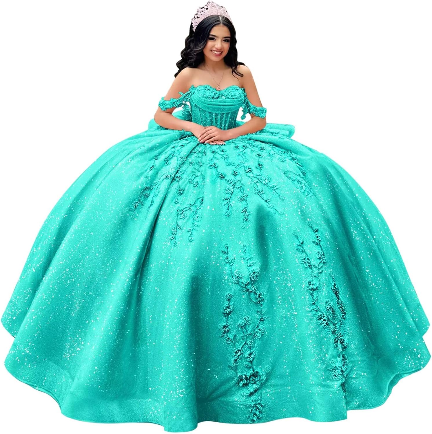 Lace Applique Quinceanera Dresses Beaded Off Shoulder Sweet 16 Dress with Ruffle Sparkly Tiered Tulle Ball Gown