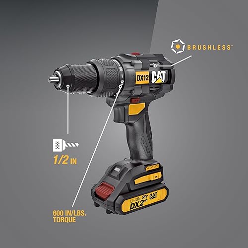 Miniatura 2 de Cat DX12 - Taladro martillo inalámbrico de 18 V y 1/2 pulgada con batería y cargador, taladro de martillo de alta resistencia inalámbrico con 22+1+1