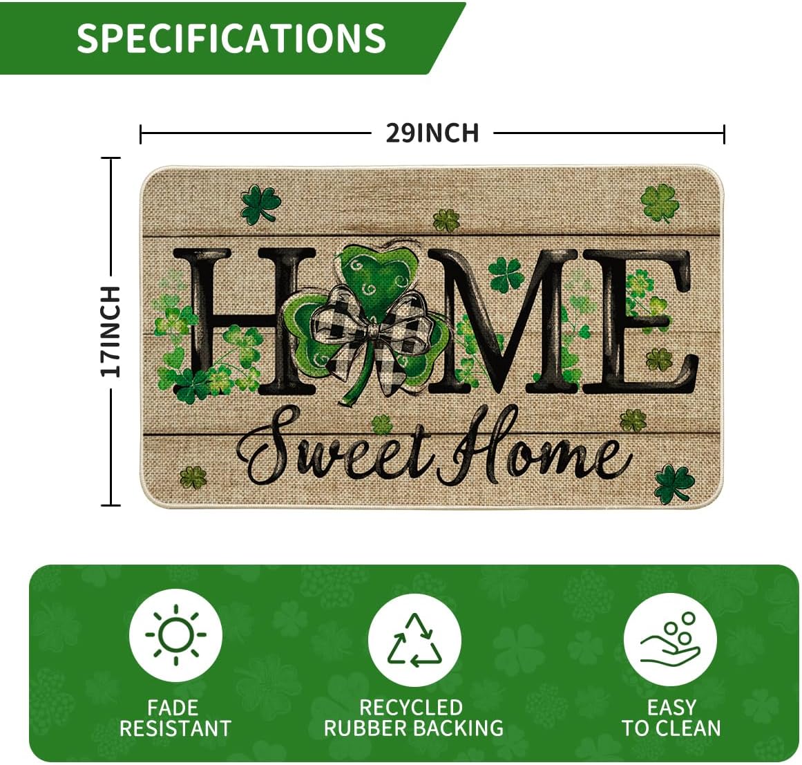 Artoid Mode Wood Shamrock Home Sweet Home St. Patrick's Day Doormat, Home Decor Low-Profile Switch Rug Door Mat Floor Mat for Indoor Outdoor 17x29 Inch