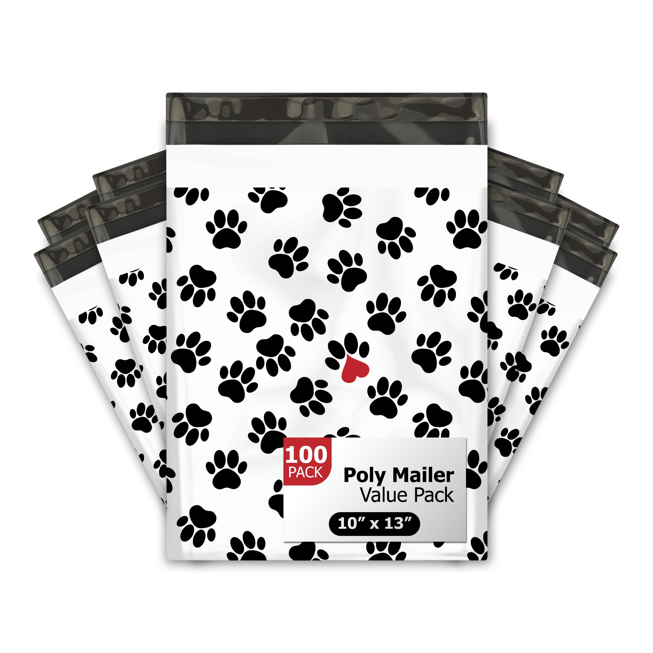 Pro Supply Global Black Paw Prints Designer Poly Mailers – 100 Packs 10"x13" - Ideal Waterproof Self-Sealing Polymailers, Tear-Resistant Shipping Bags, & Printed Mailing Envelopes for Small Business.