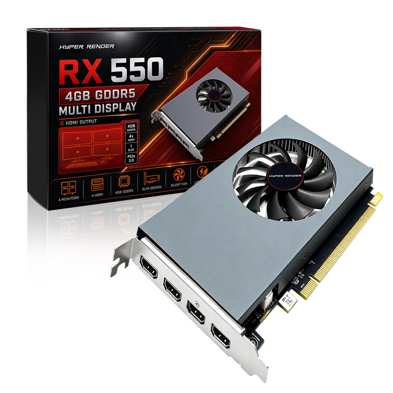 RX 550 4GB GDDR5 GPU 4 HDMI Graphics Card, 4 Independent Display Multi-Monitor Setup GPU, 4 Monitors Video Graphics Card 128-bit Video Card for Computer PC