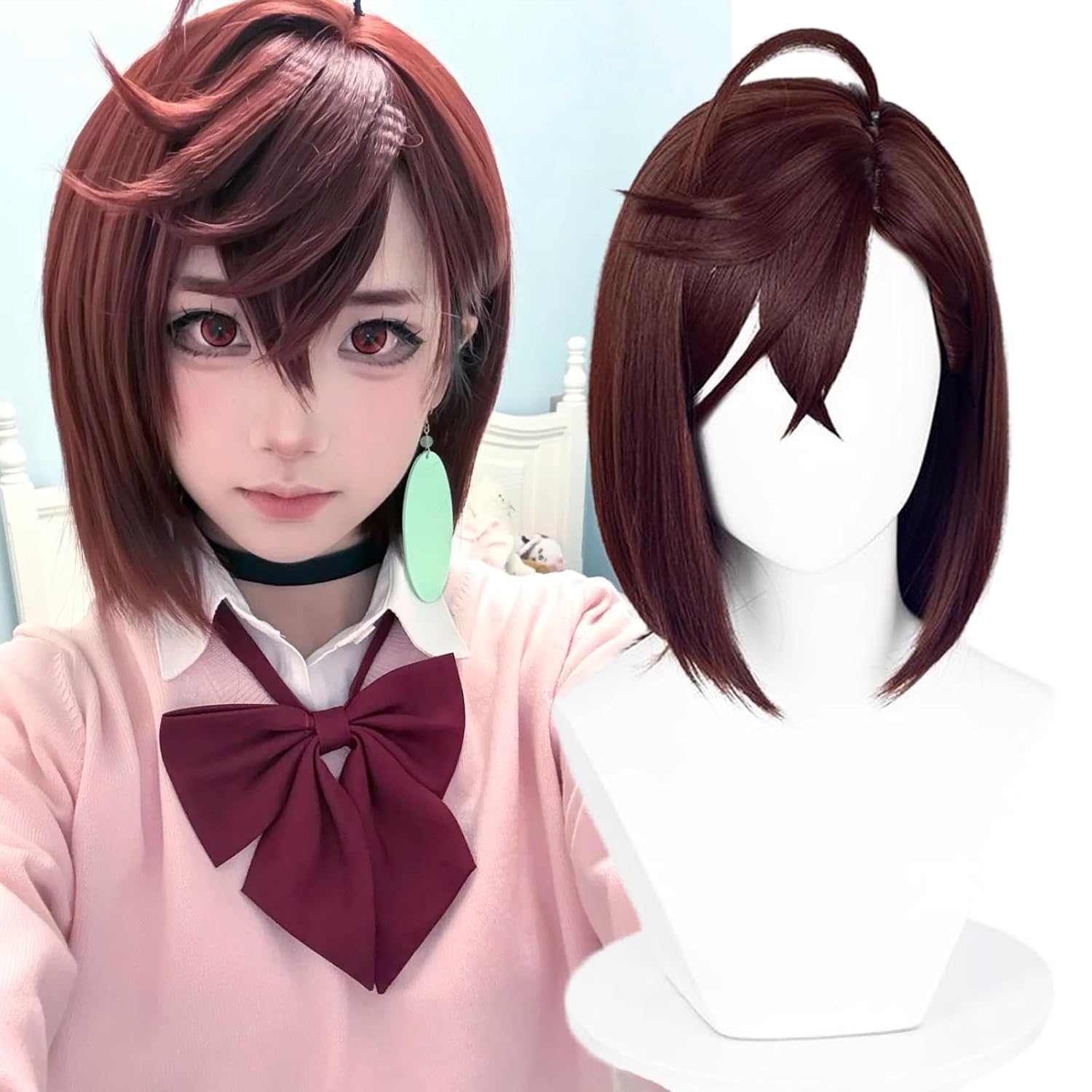 Probeauty Brown Straight Wig for Momo Ayase Cosplay, Shoulder-Length Wig with Bangs for Anime Costume Party