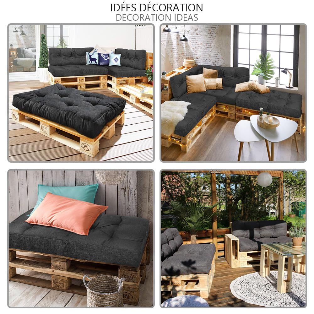 VOUNOT Cojines para Palets 4-Piezas Set, Impermeable para Interior y Exterior, Cojín de Asiento 120x80 cm, Respaldo 120x40 cm, Gris Oscuro