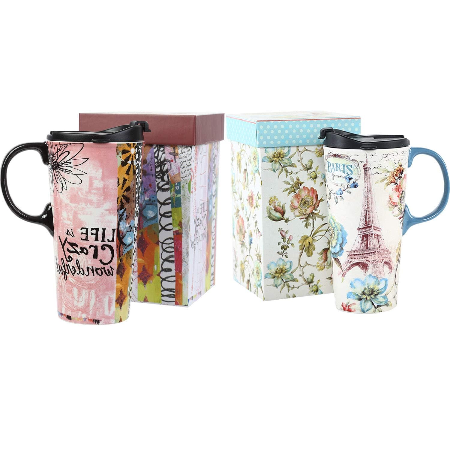 Topadorn Ceramic Travel Mug 17 oz. Coffee Cups with Sealed Lid and Gift Box, Set of 2