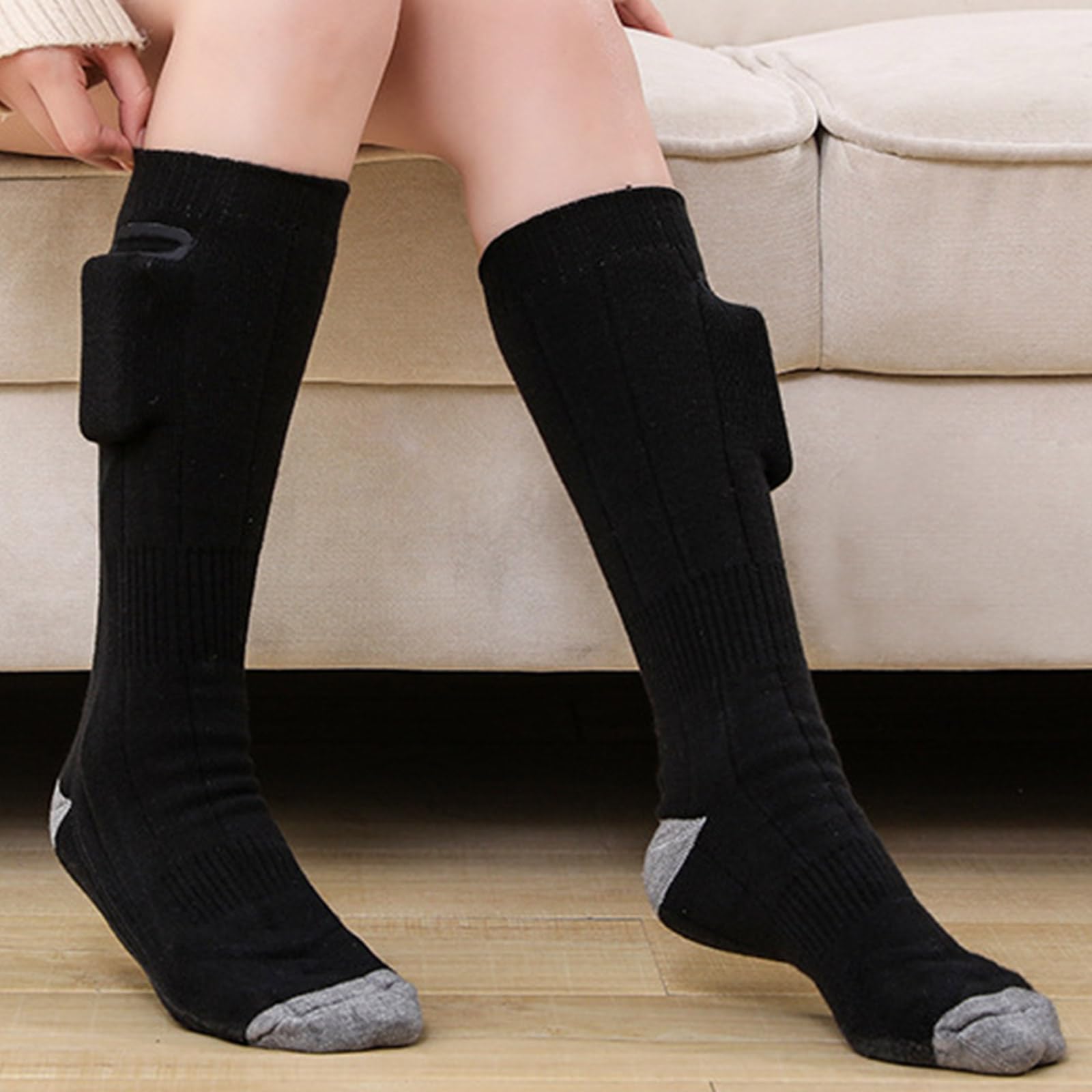 Hitzebeständige, warme lange Polyester-Baumwoll-Mischung, Überhitzungsschutz für Damen, feuchtigkeitsableitend, beheizte Socken, 3 Stück