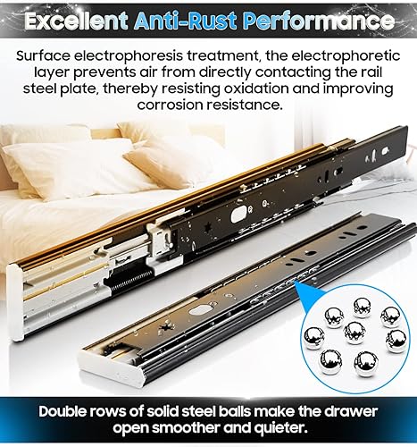 Miniatura 8 de YENUO Diapositivas de cajón de cierre suave, montaje lateral de extensión completa de 12, 14, 16, 18, 20, 22, 24 pulgadas, rodamientos de bolas,