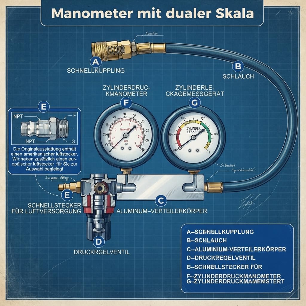 Comprobador de compresión de motor de gasolina, doble manómetro, 0-100 psi, 0-7 bar | Compresión de motor de gasolina, doble manómetro