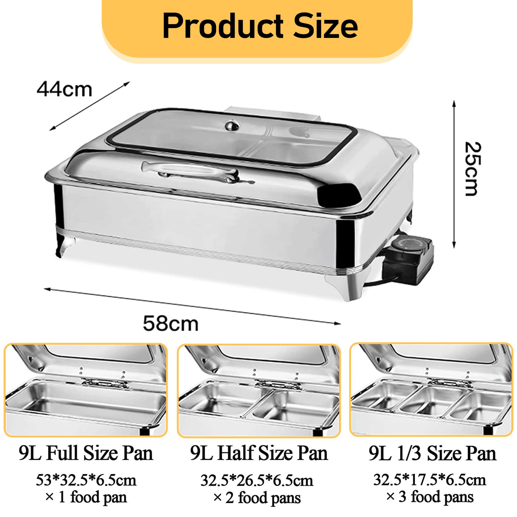 Chafing Dish Eléctrico, 9L Calentador de Buffet in Acero Inoxidable | Calentador de Comida Profesional con Tapa Visible para Buffet y Fiesta, Temperatura Regulable (0-85℃)