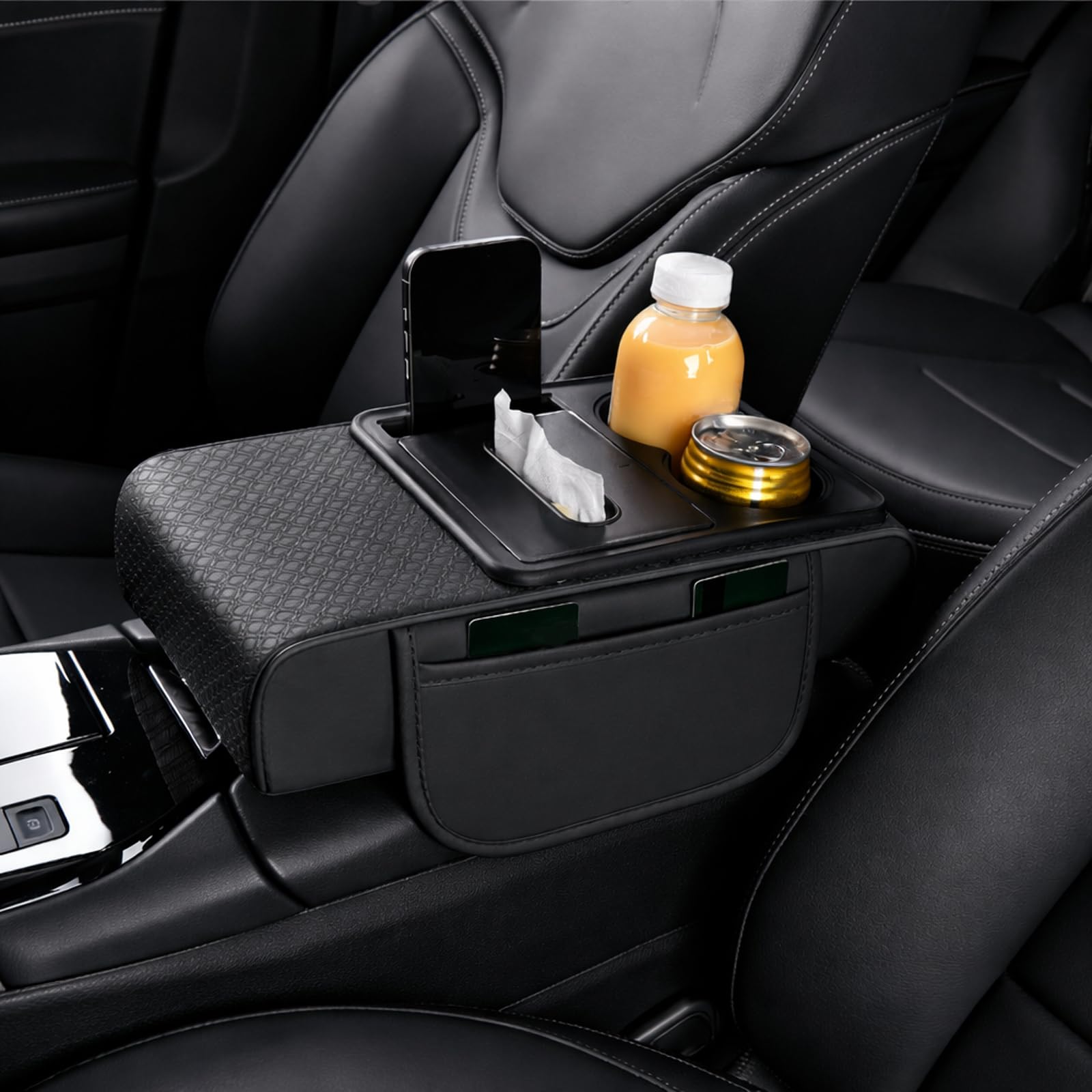 UPMJUA Car Armrest Cushion for Lancia Ypsilon Delta Musa Thesis, PU Leather Centre Console Cushion, Height Increasing Armrest Pad, Non-Slip Waterproof, 4-in-1 with Storage,A Black